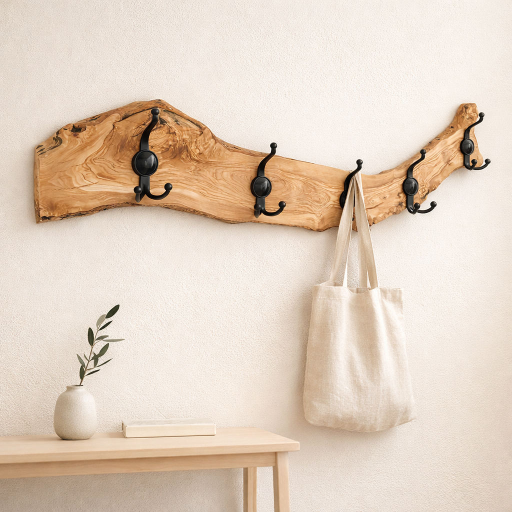 Live Edge Olive Wood Wall Mounted Coat & Hat Rack - Handmade