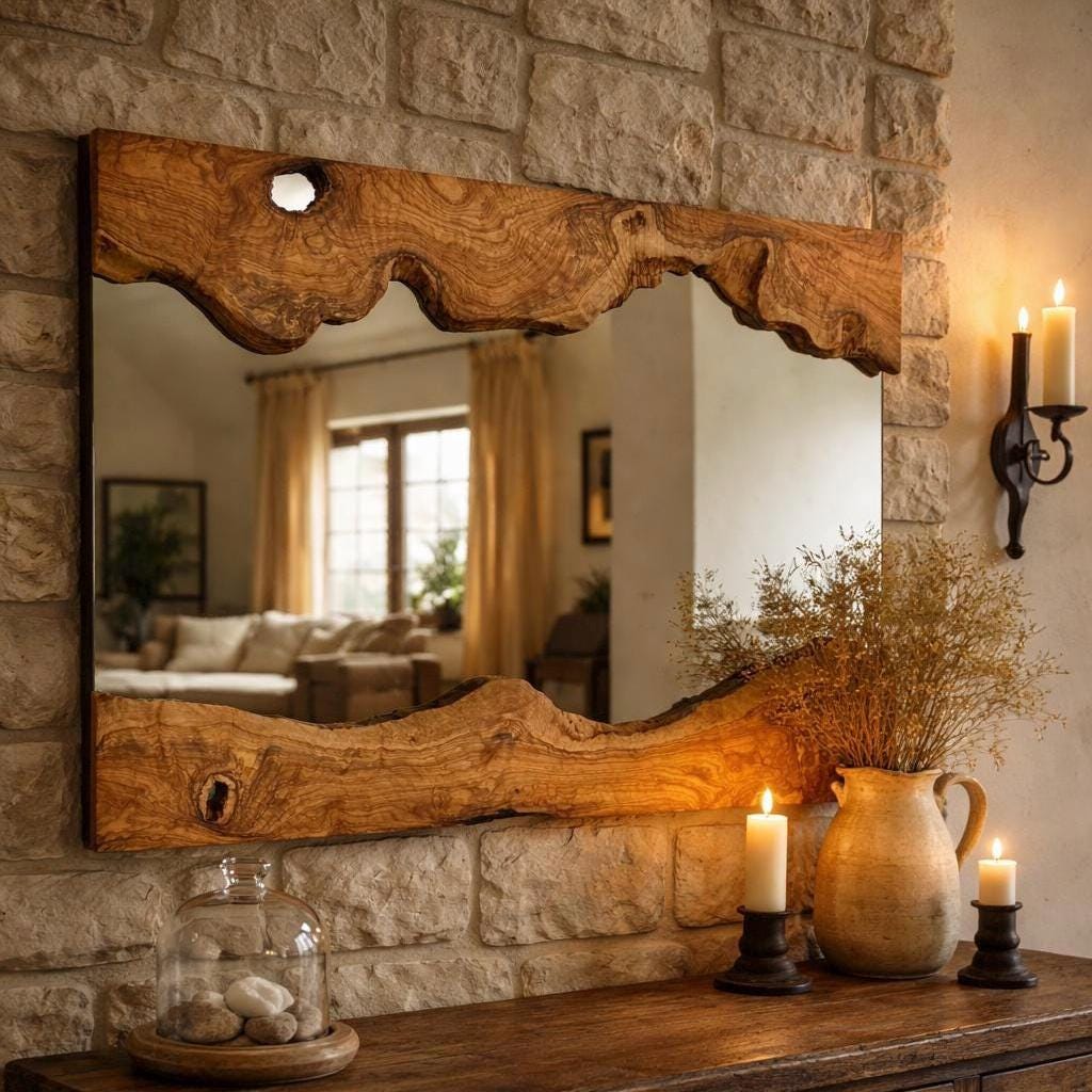 Live Edge Olive Wood Rectangle Wall Mirror: Unique Natural Design