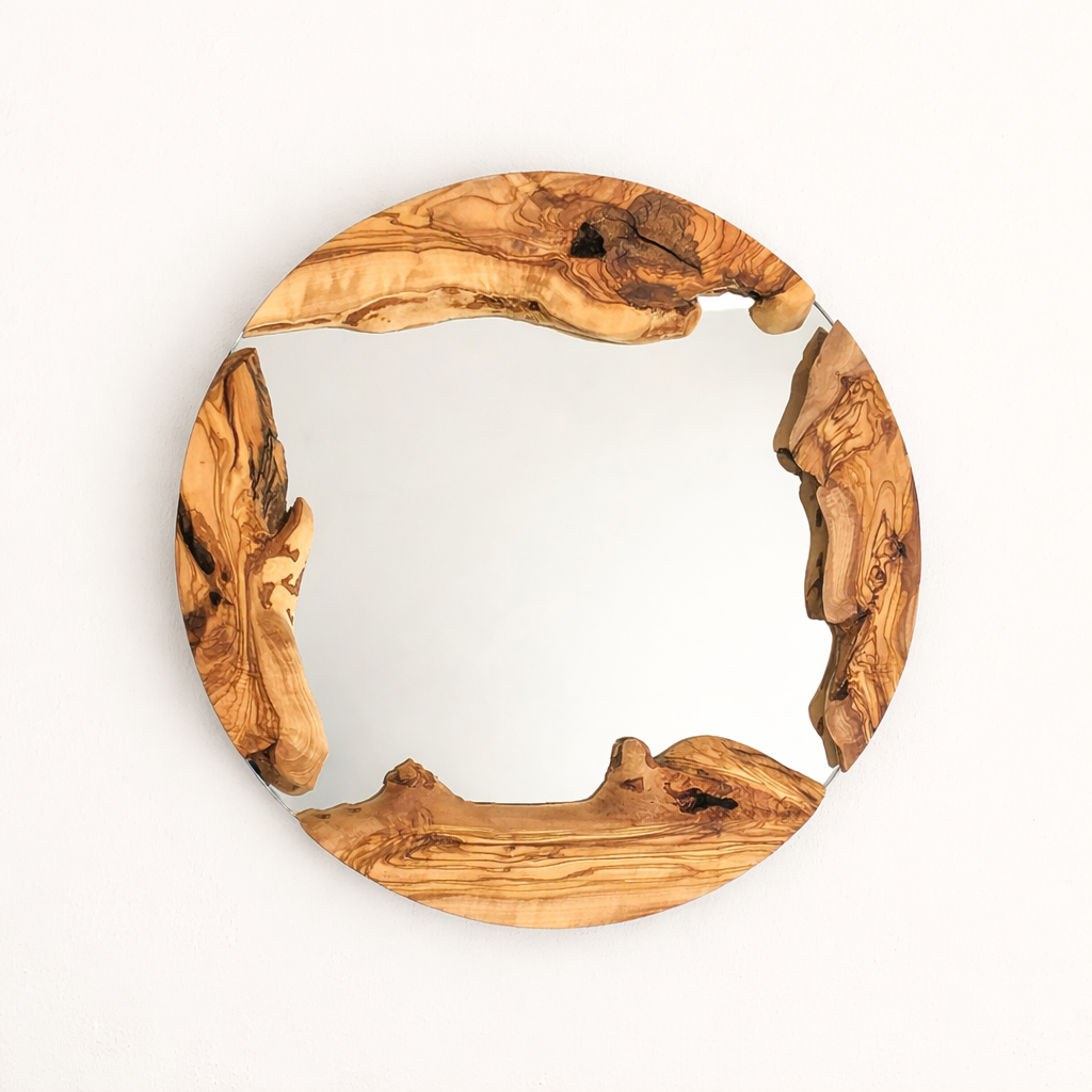 Olive Wood Round Wall Mirror – Handmade Rustic Mirror