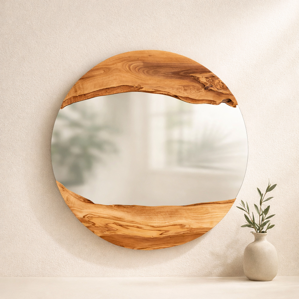 Live edge Olive Wood Frame Round Wall Mirror