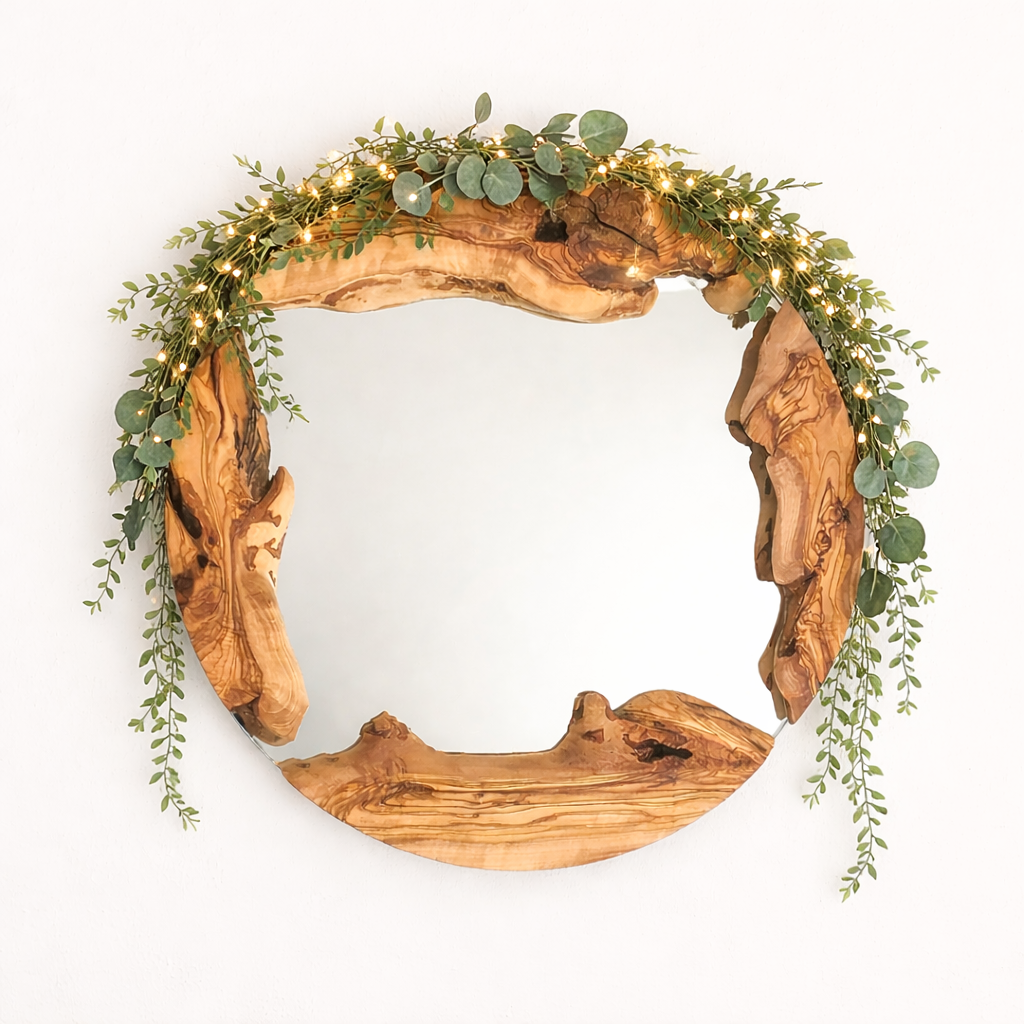 Olive Wood Round Wall Mirror – Handmade Rustic Mirror
