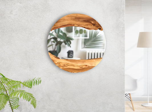 Live edge Olive Wood Frame Round Wall Mirror