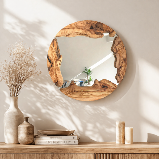Olive Wood Round Wall Mirror – Handmade Rustic Mirror