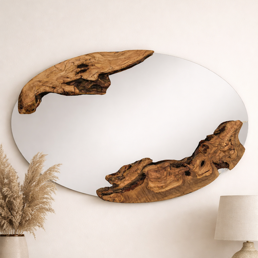Live Edge Olive Wood Oval Mirror, Rustic Wall Decor