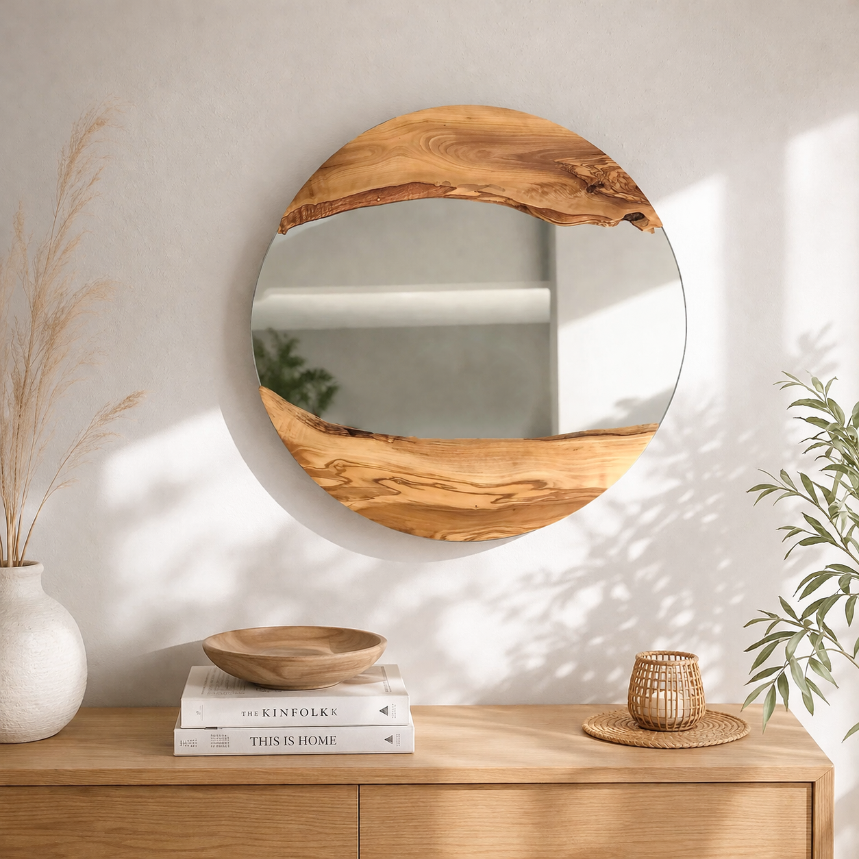 Live edge Olive Wood Frame Round Wall Mirror