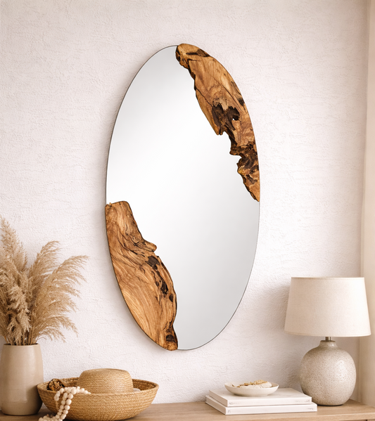Live Edge Olive Wood Oval Mirror, Rustic Wall Decor