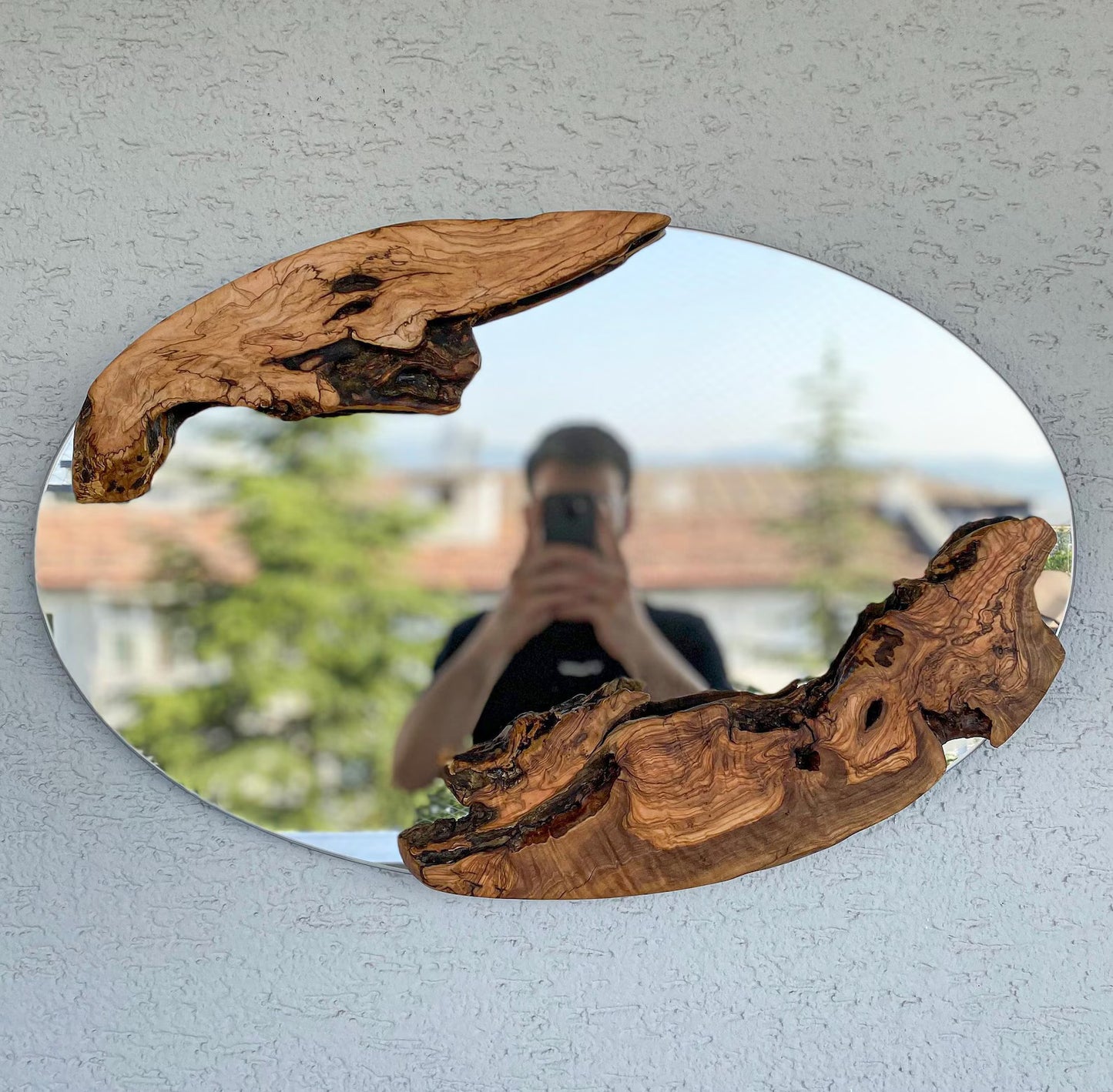Live Edge Olive Wood Oval Mirror, Rustic Wall Decor