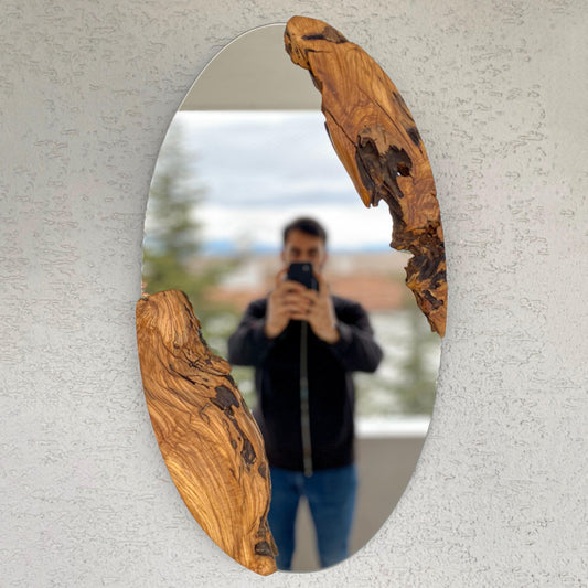 Live Edge Olive Wood Oval Mirror, Rustic Wall Decor