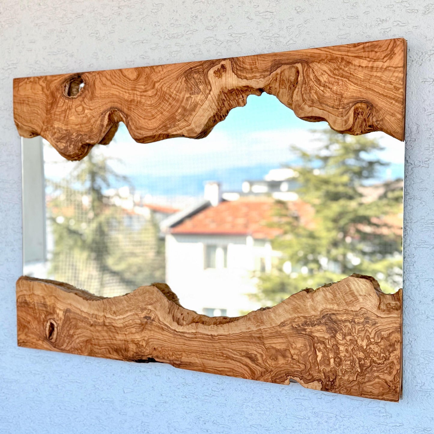 Live Edge Olive Wood Rectangle Wall Mirror: Unique Natural Design